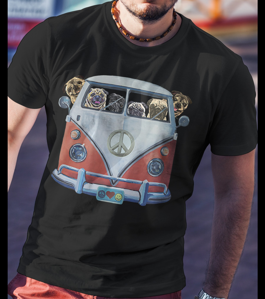 Pug Hippie Van Peace Love Funny Pug T-Shirt