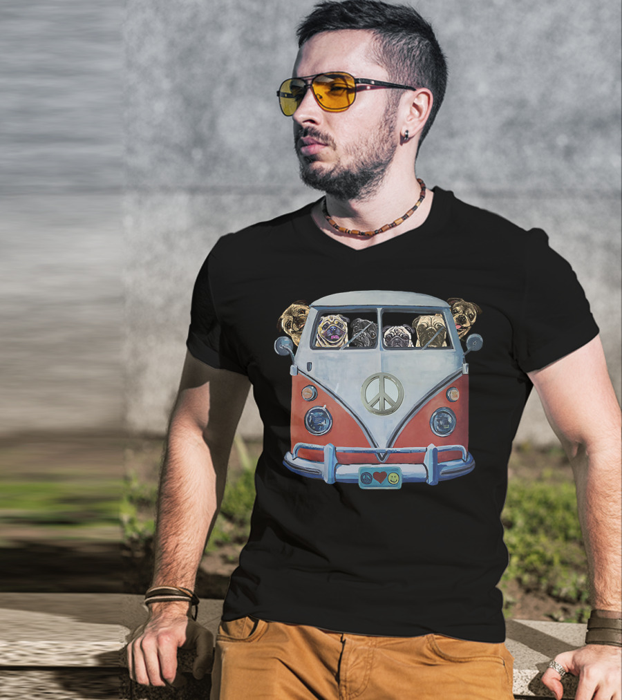 Pug Hippie Van Peace Love Funny Pug T-Shirt