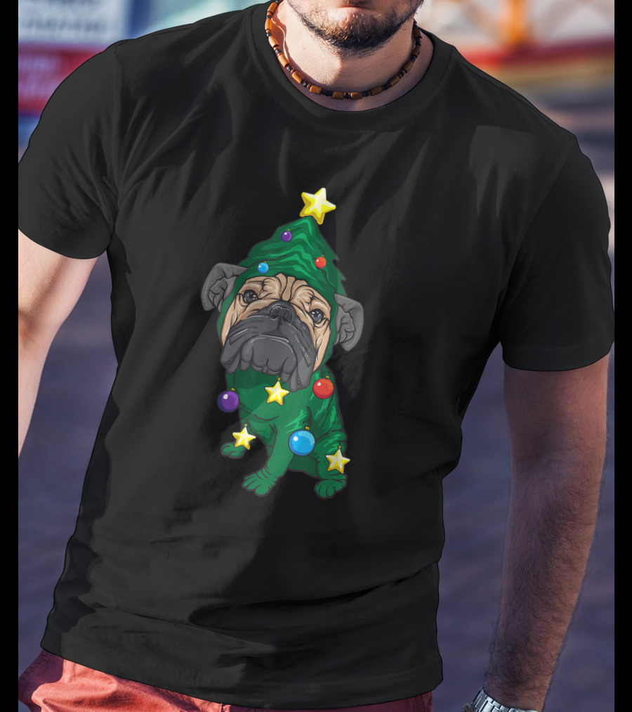 Pug Christmas Tree Yuletide Adorable Puppy Fan Holiday Stars Ornaments T-Shirt