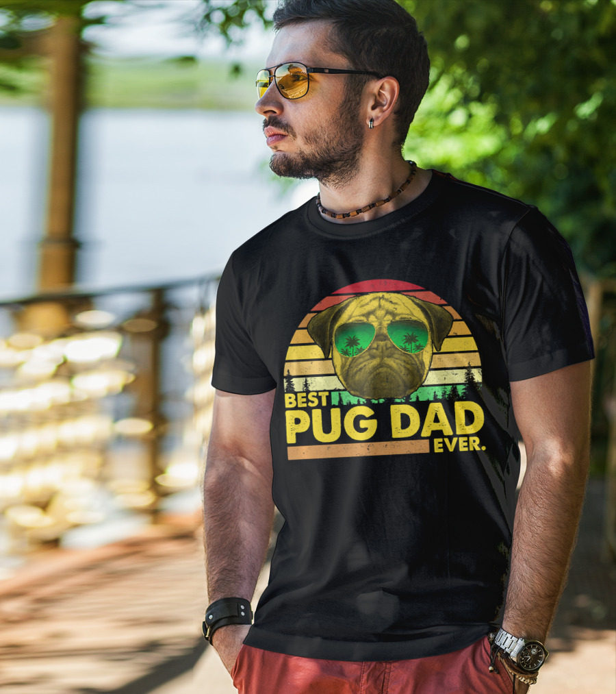 Best Pug Dad Ever Sunglasses Vintage Sunset T-Shirt