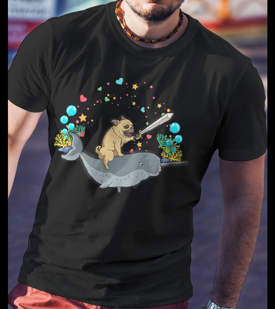 Warrior Pug With Sword Rides A Narwhal Surrounded By Hearts And Stars T-Shirt