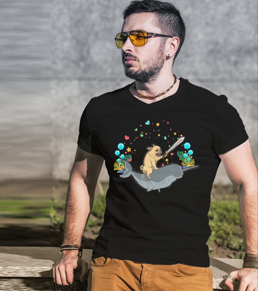 Warrior Pug With Sword Rides A Narwhal Surrounded By Hearts And Stars T-Shirt