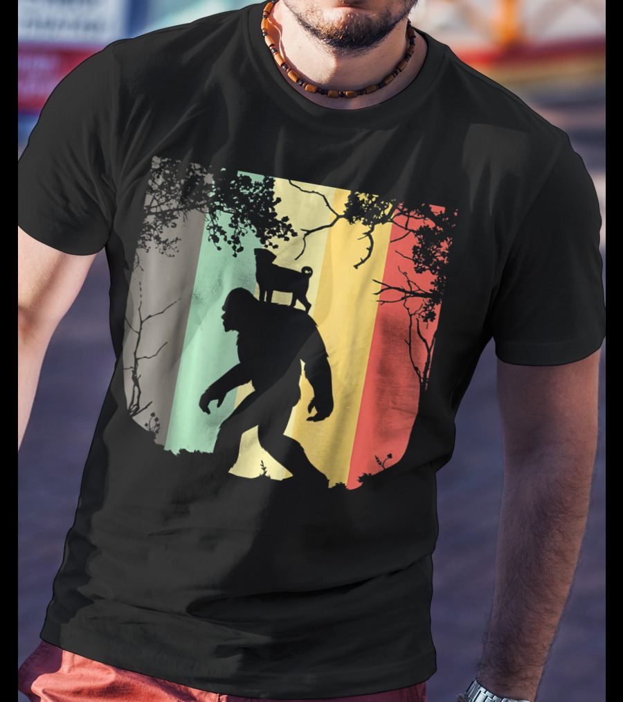 Pug Riding Bigfoot Vintage Retro Sunset Stripes T-Shirt
