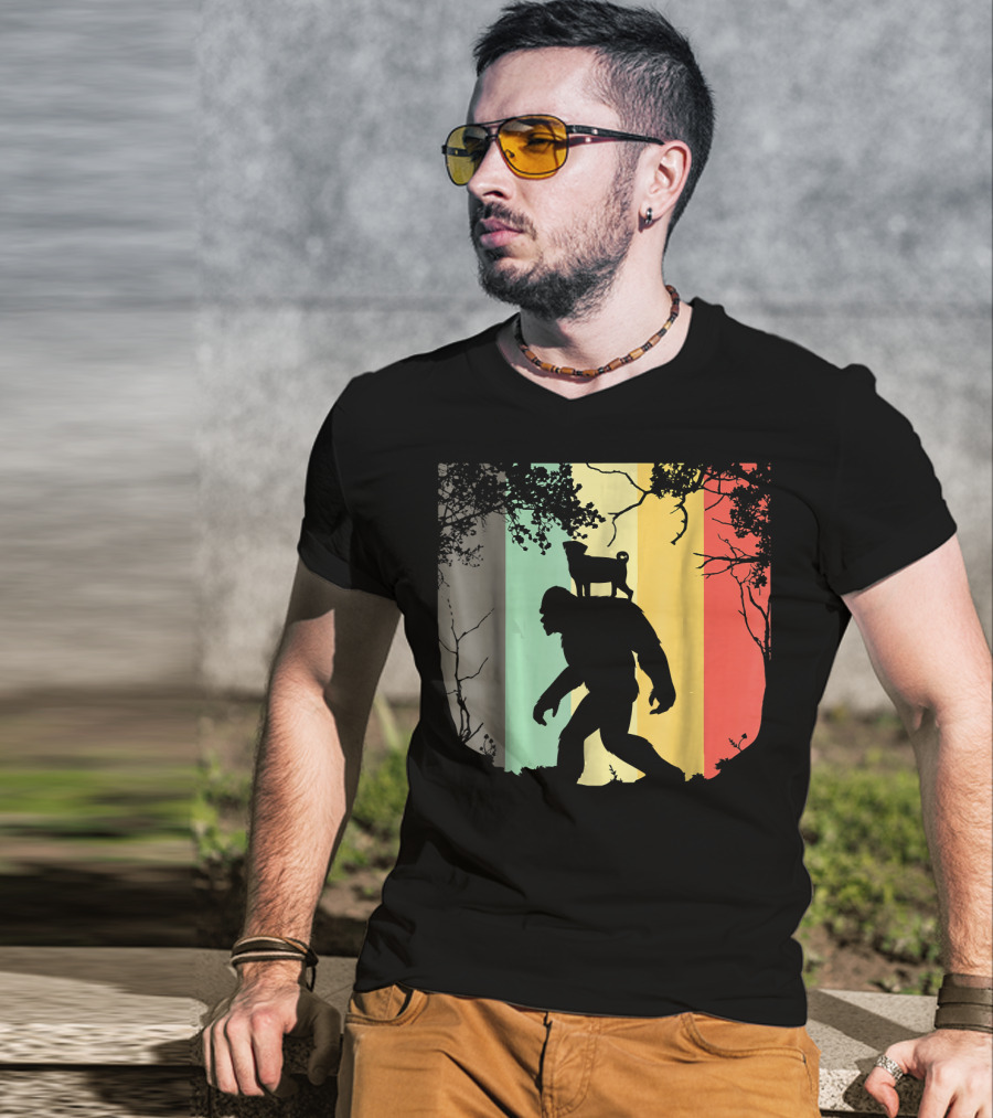 Pug Riding Bigfoot Vintage Retro Sunset Stripes T-Shirt