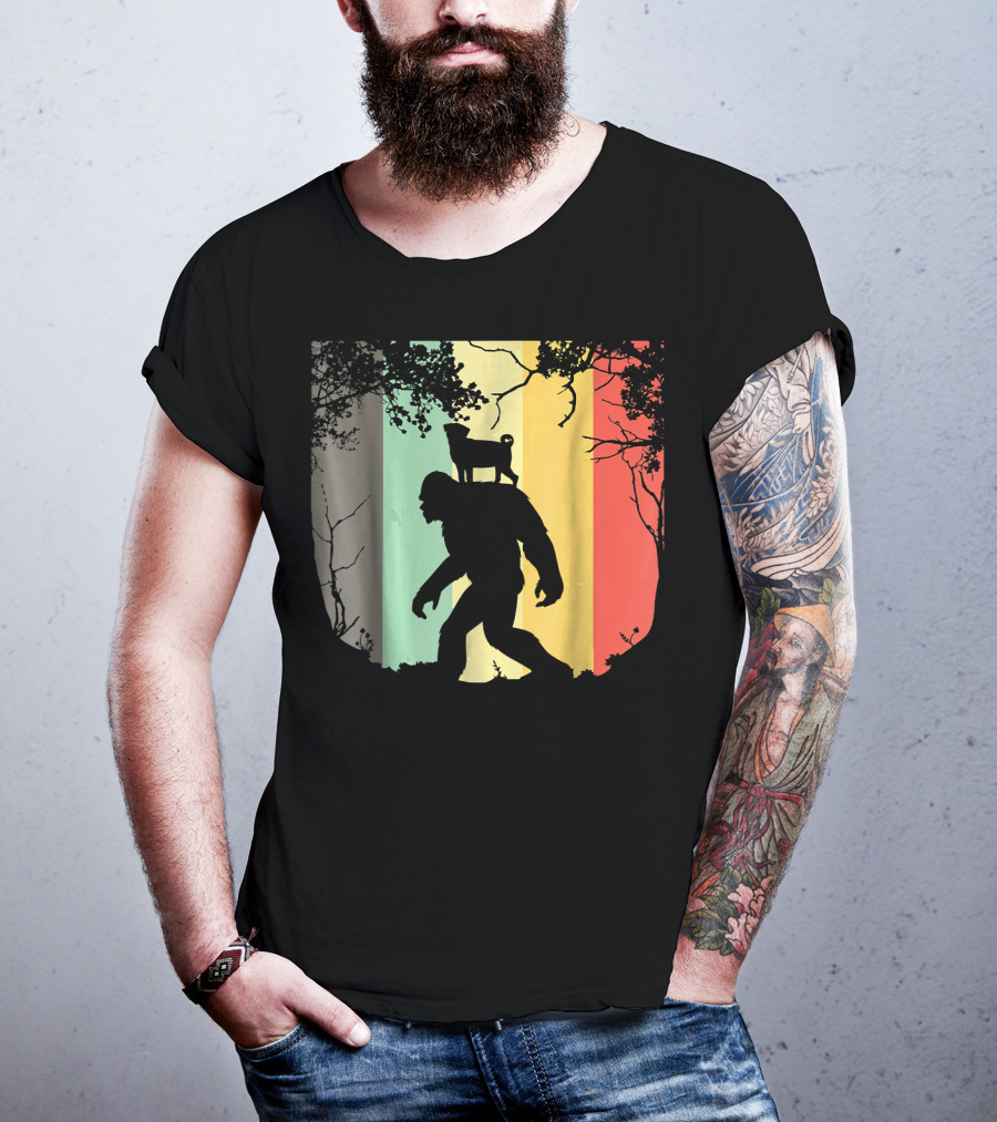 Pug Riding Bigfoot Vintage Retro Sunset Stripes T-Shirt