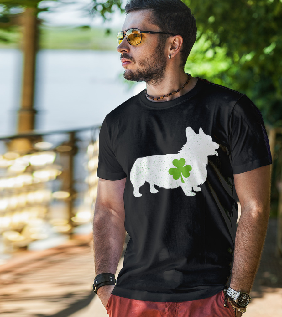 Corgi Silhouette With Green Clover Irish T-Shirt