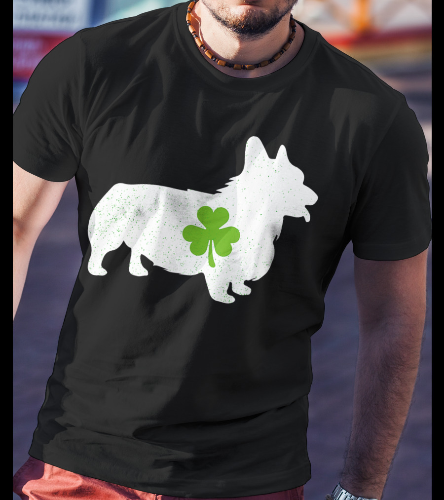 Corgi Silhouette With Green Clover Irish T-Shirt