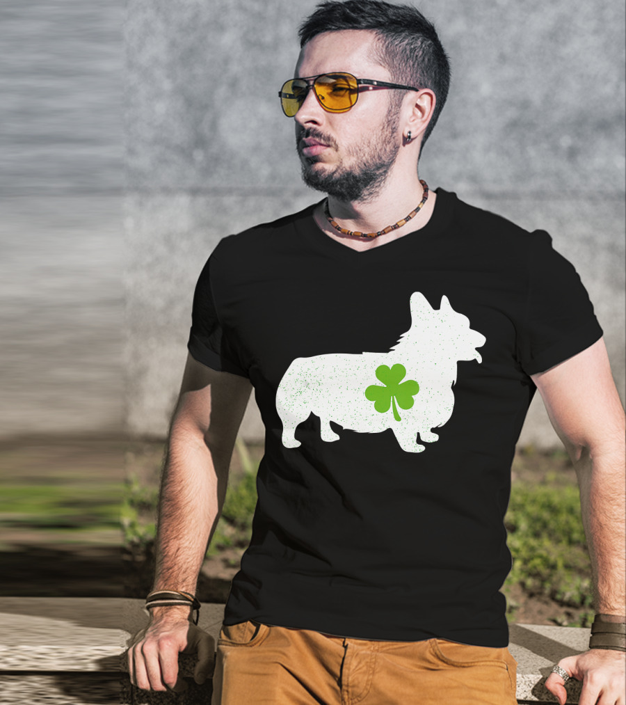 Corgi Silhouette With Green Clover Irish T-Shirt