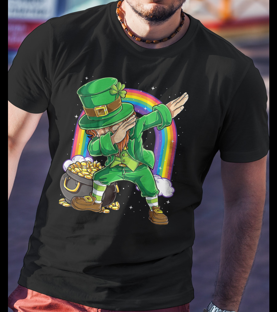Dabbing Leprechaun St Patricks Day Boys Dab With Pot Of Gold And Rainbow T-Shirt