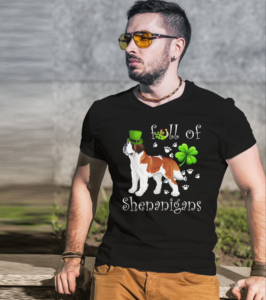 Full Of Shenanigans St Bernard Dog With Shamrock Hat And Paw Prints T-Shirt