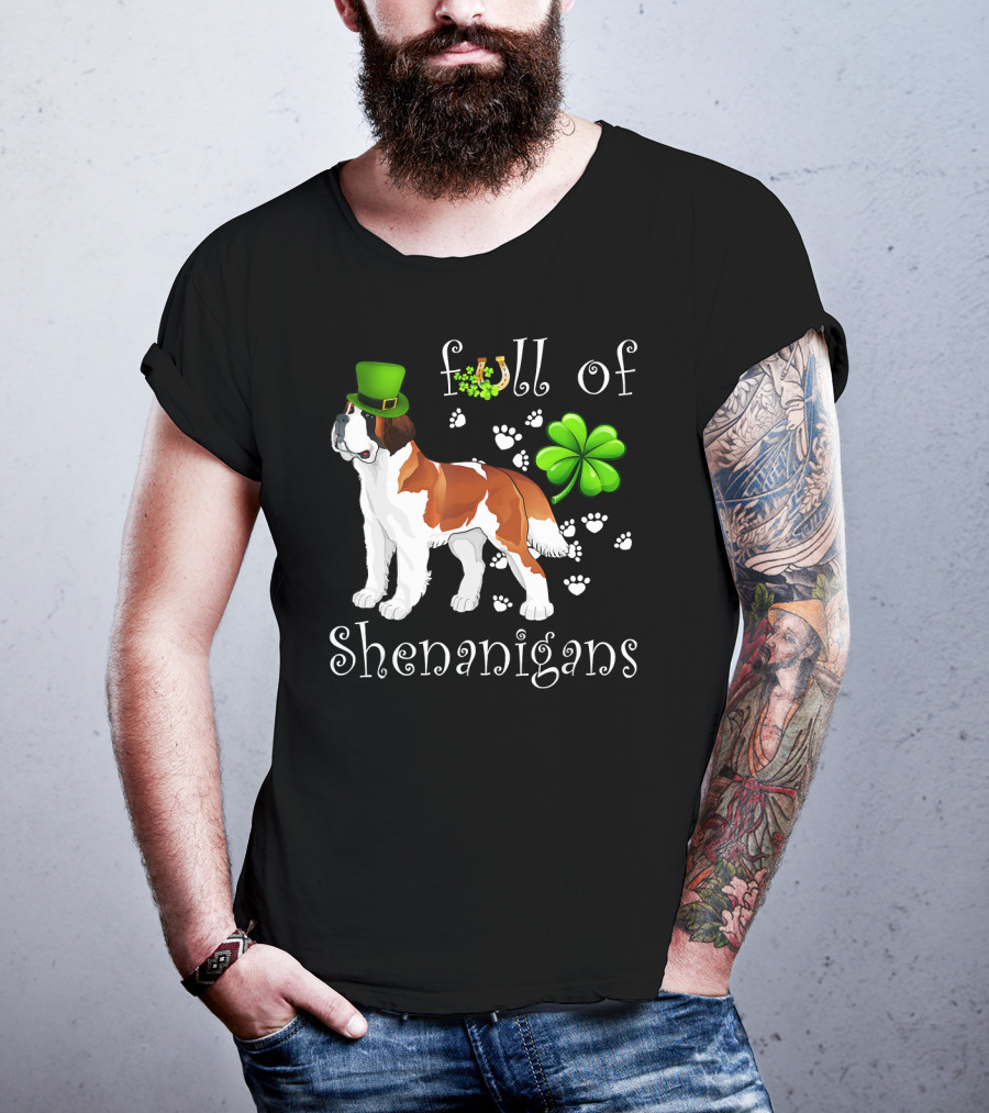 Full Of Shenanigans St Bernard Dog With Shamrock Hat And Paw Prints T-Shirt