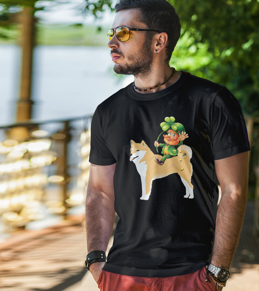 Leprechaun On Shiba Inu With Shamrock Rider T-Shirt