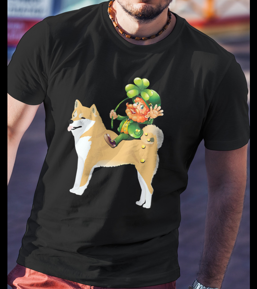 Leprechaun On Shiba Inu With Shamrock Rider T-Shirt