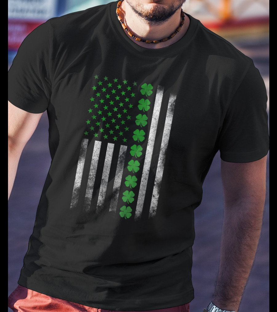 St. Patricks Day Green Clover Irish American Flag T-Shirt