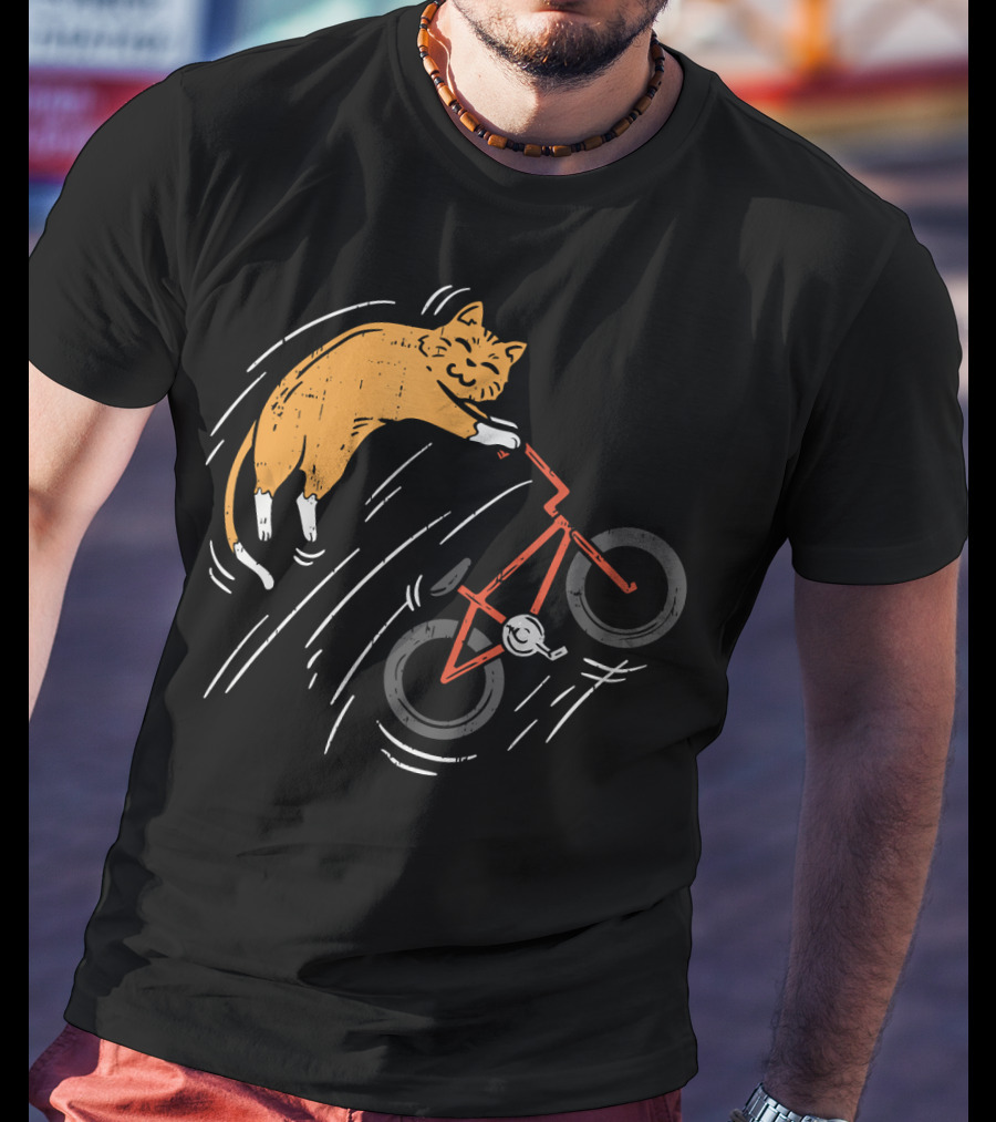 Orange Cat Riding Bicycle In Motion T-Shirt