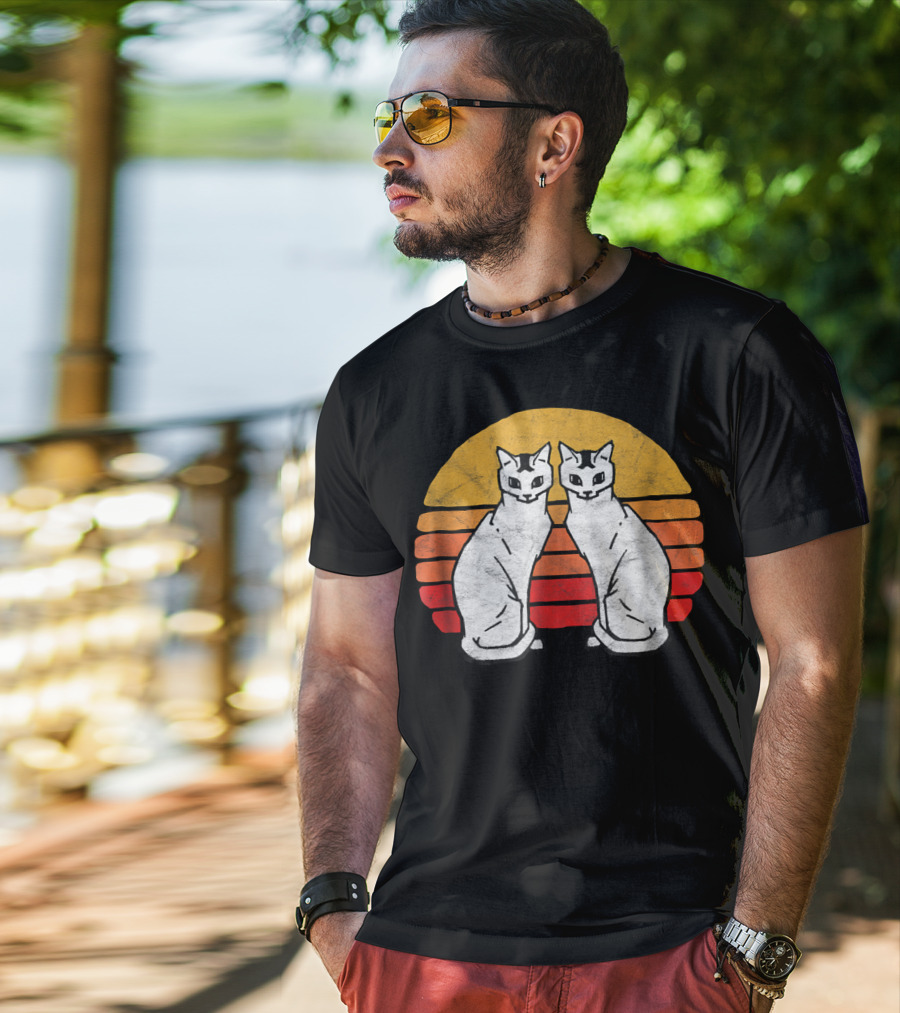 Vintage Eighties Style Twin Siamese Cats With Retro Sunset Stripes T-Shirt