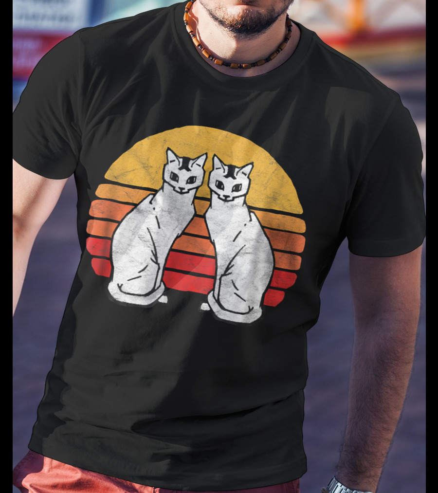 Vintage Eighties Style Twin Siamese Cats With Retro Sunset Stripes T-Shirt
