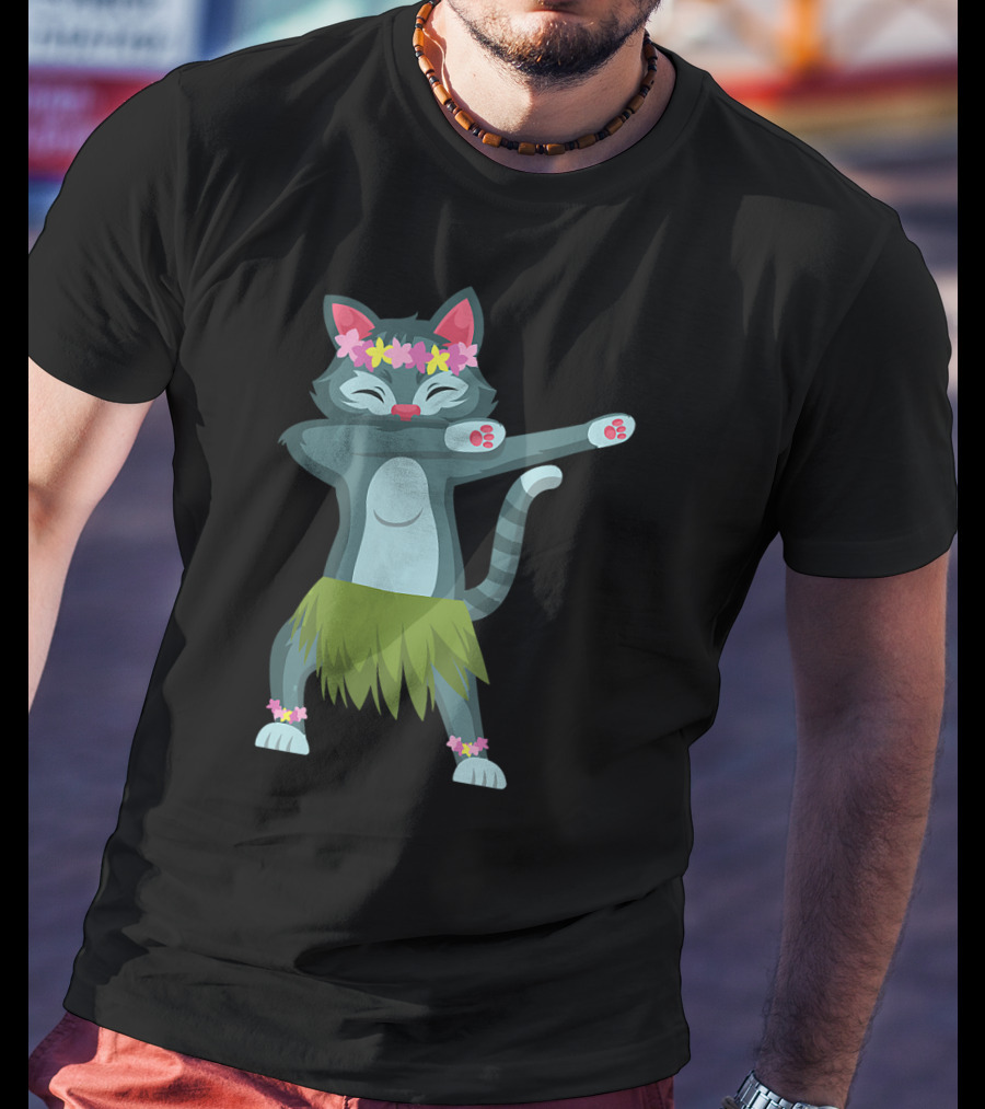 Aloha Cat Hawaiian Dance Mele Kalikimaka Hula Kitty With Floral Crown And Grass Skirt T-Shirt