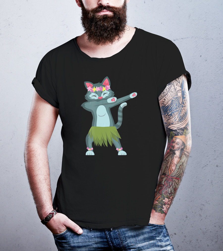 Aloha Cat Hawaiian Dance Mele Kalikimaka Hula Kitty With Floral Crown And Grass Skirt T-Shirt