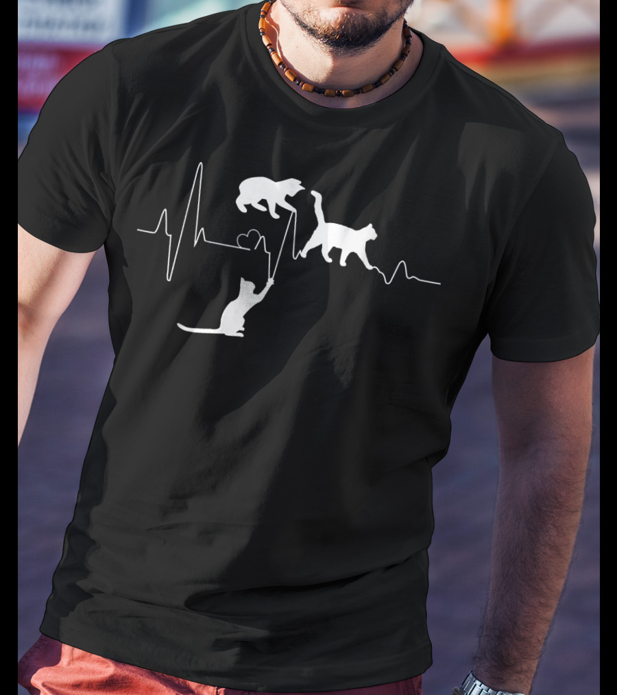 Cat Heartbeat Funny Cats Playing On Heartline T-Shirt