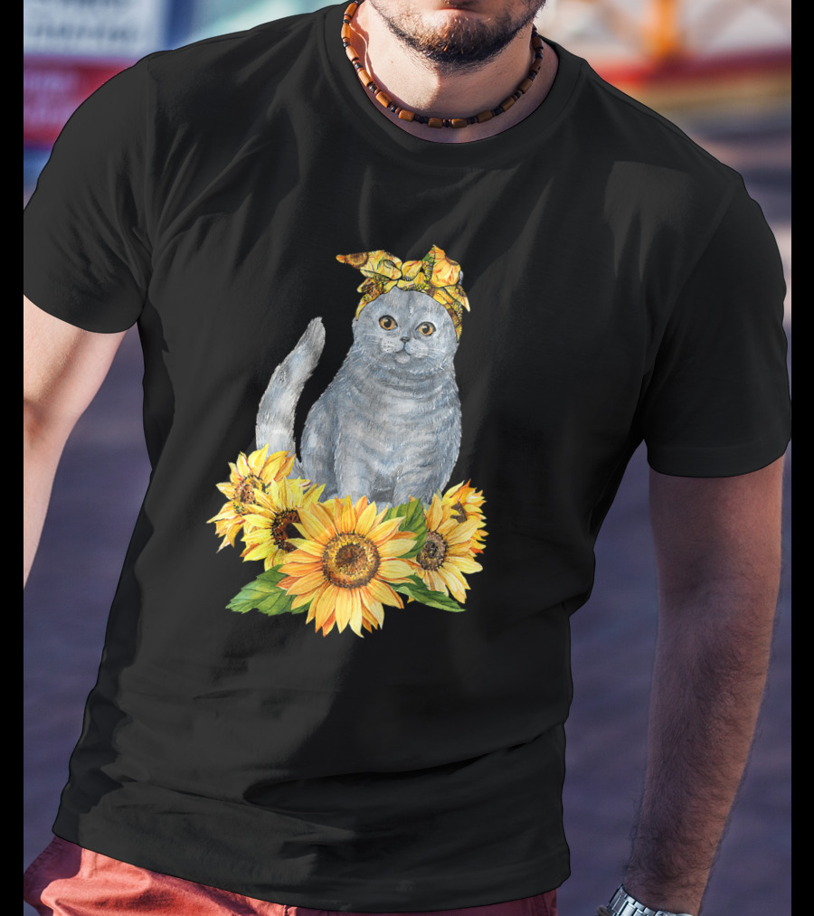 Hippie Cat With Sunflower Bandana And Sunflowers Cute Cat Lover T-Shirt