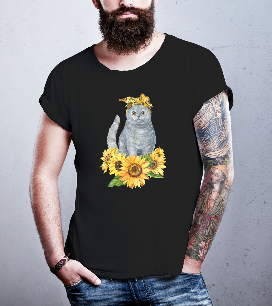Hippie Cat With Sunflower Bandana And Sunflowers Cute Cat Lover T-Shirt