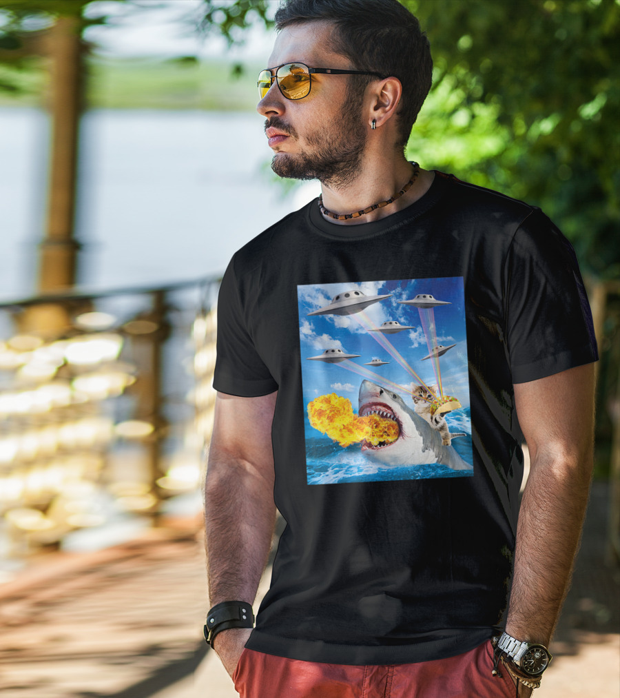 Cat Riding Fire Breathing Shark With UFO Rainbow Lasers And Taco T-Shirt