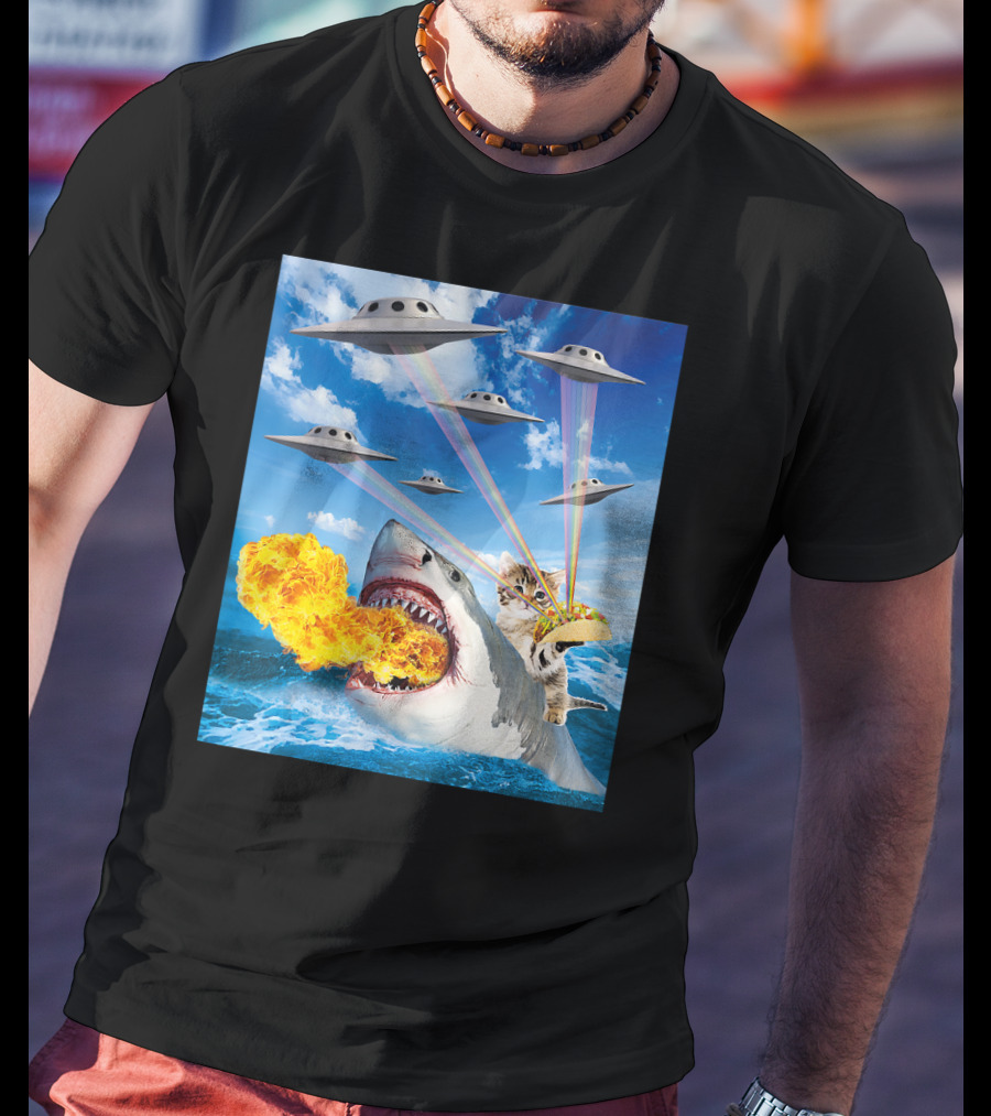 Cat Riding Fire Breathing Shark With UFO Rainbow Lasers And Taco T-Shirt