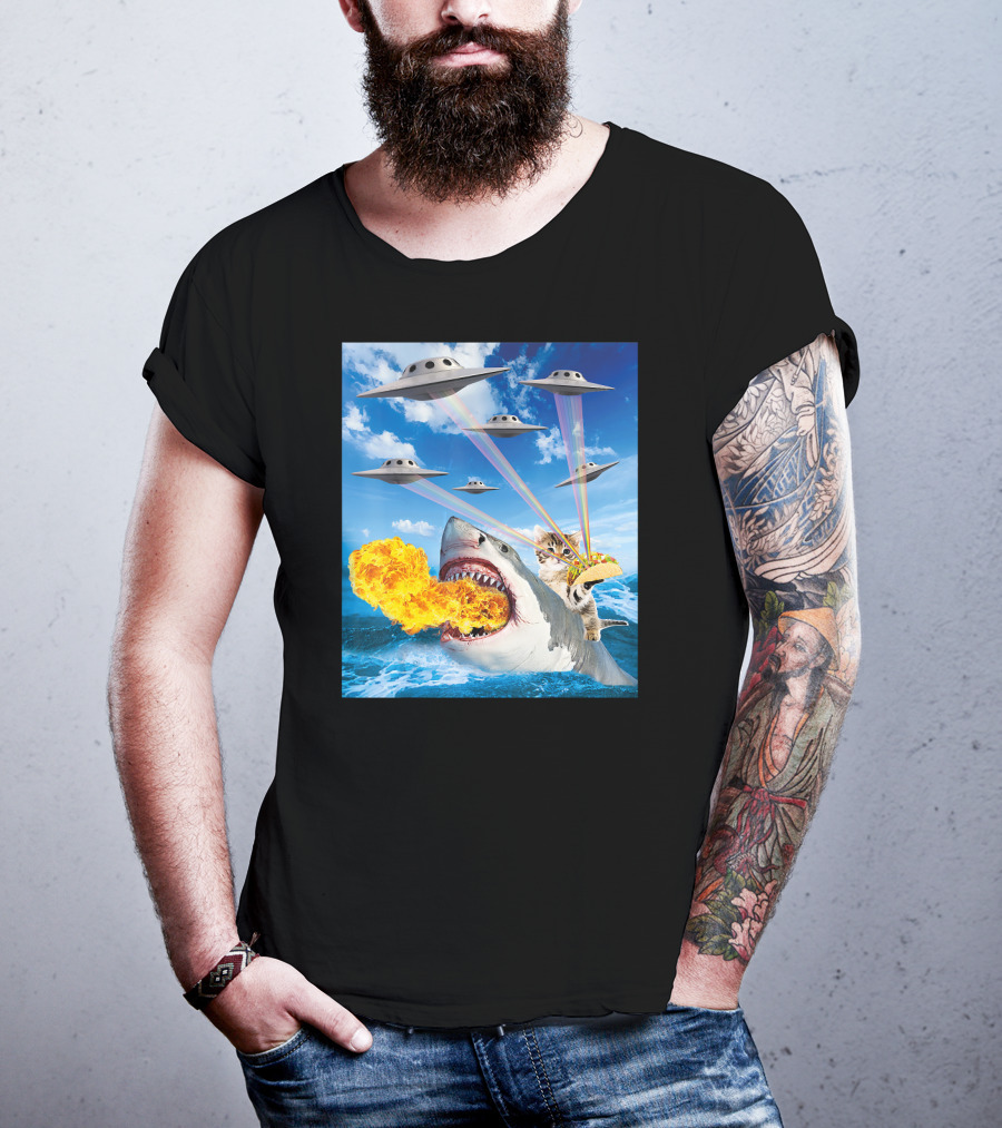 Cat Riding Fire Breathing Shark With UFO Rainbow Lasers And Taco T-Shirt