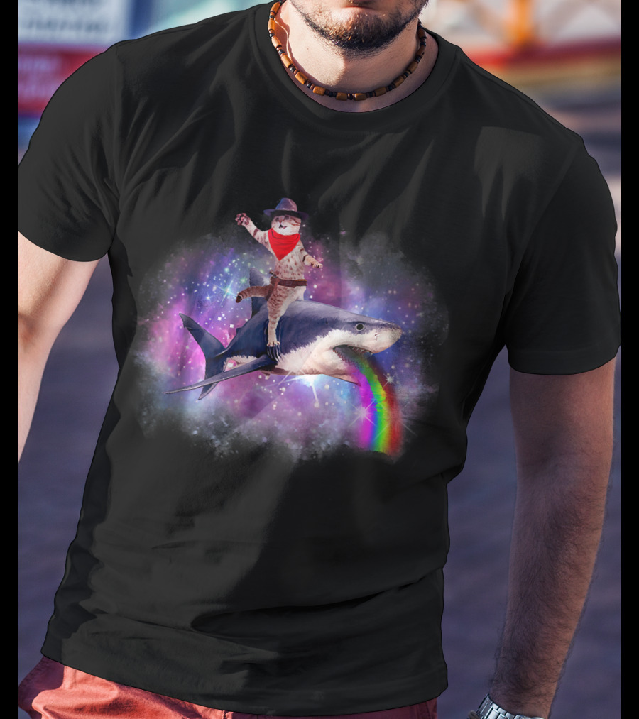Space Cat Cowboy Riding Rainbow Shark In Galaxy T-Shirt