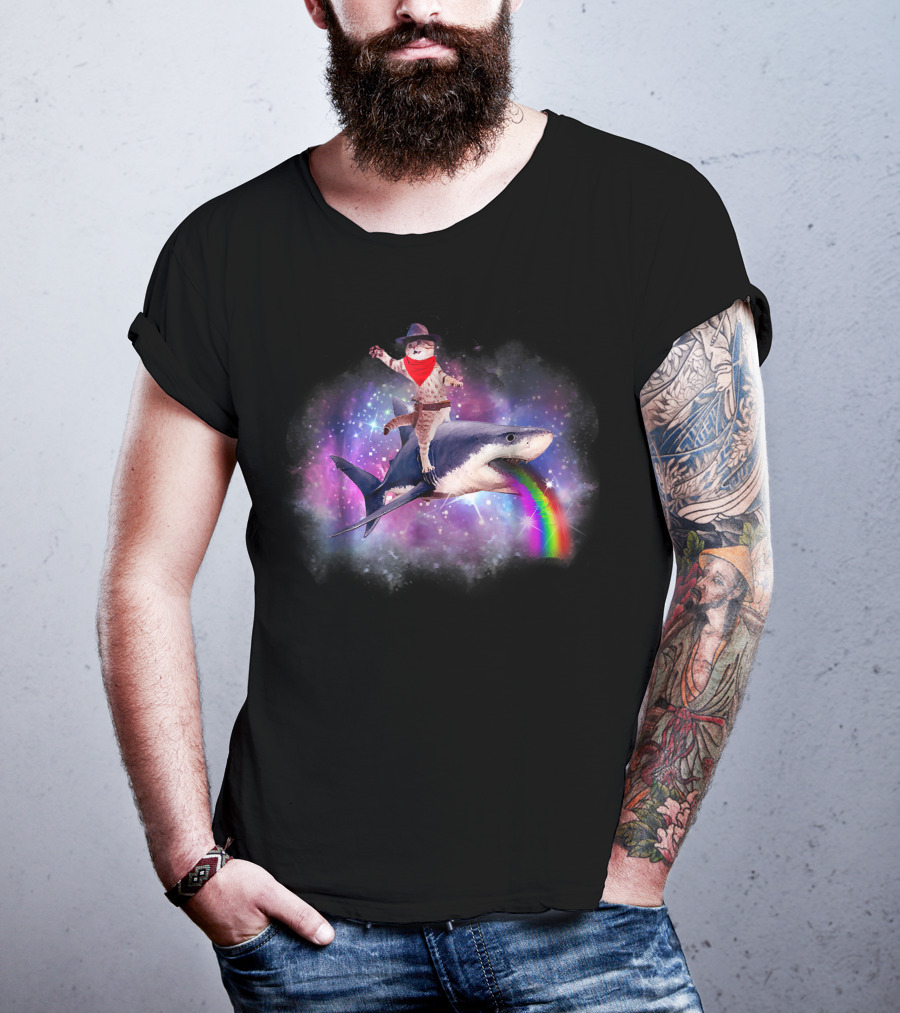 Space Cat Cowboy Riding Rainbow Shark In Galaxy T-Shirt