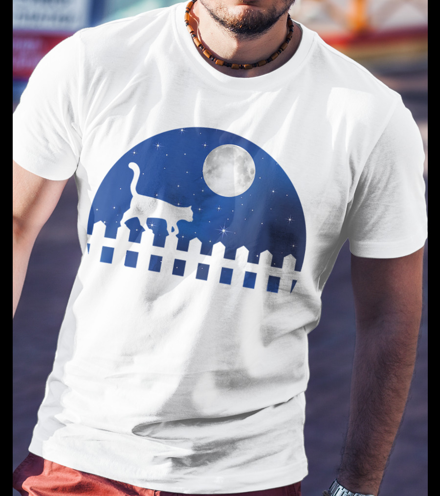 Cat Cat Moon Night Sky Walking Fence T-Shirt