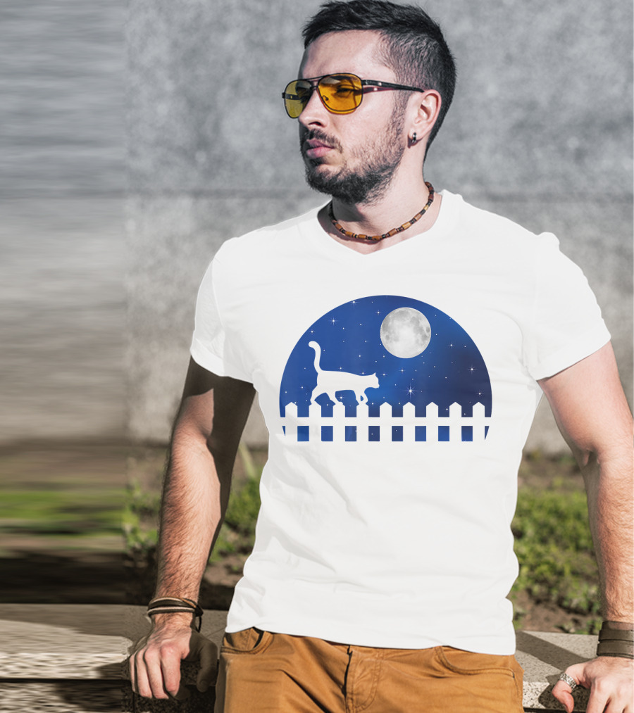 Cat Cat Moon Night Sky Walking Fence T-Shirt