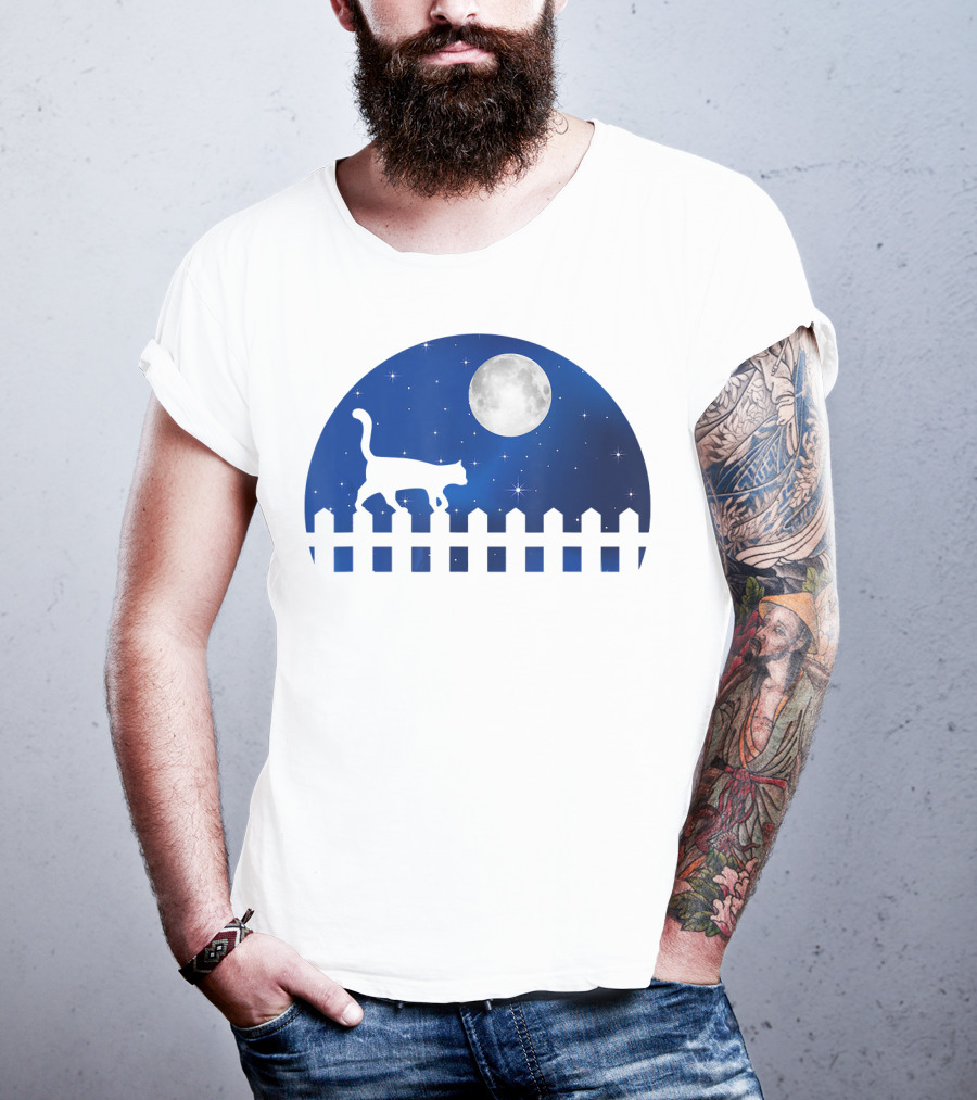 Cat Cat Moon Night Sky Walking Fence T-Shirt