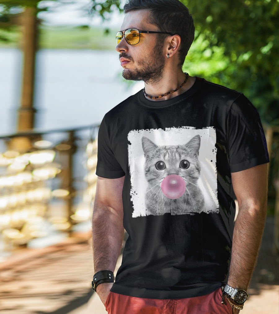 Cute Cat Blowing Pink Bubble Gum For Animal Lover Black And White Sketch T-Shirt