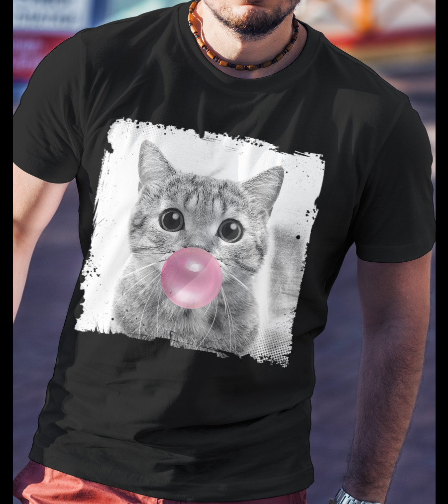 Cute Cat Blowing Pink Bubble Gum For Animal Lover Black And White Sketch T-Shirt