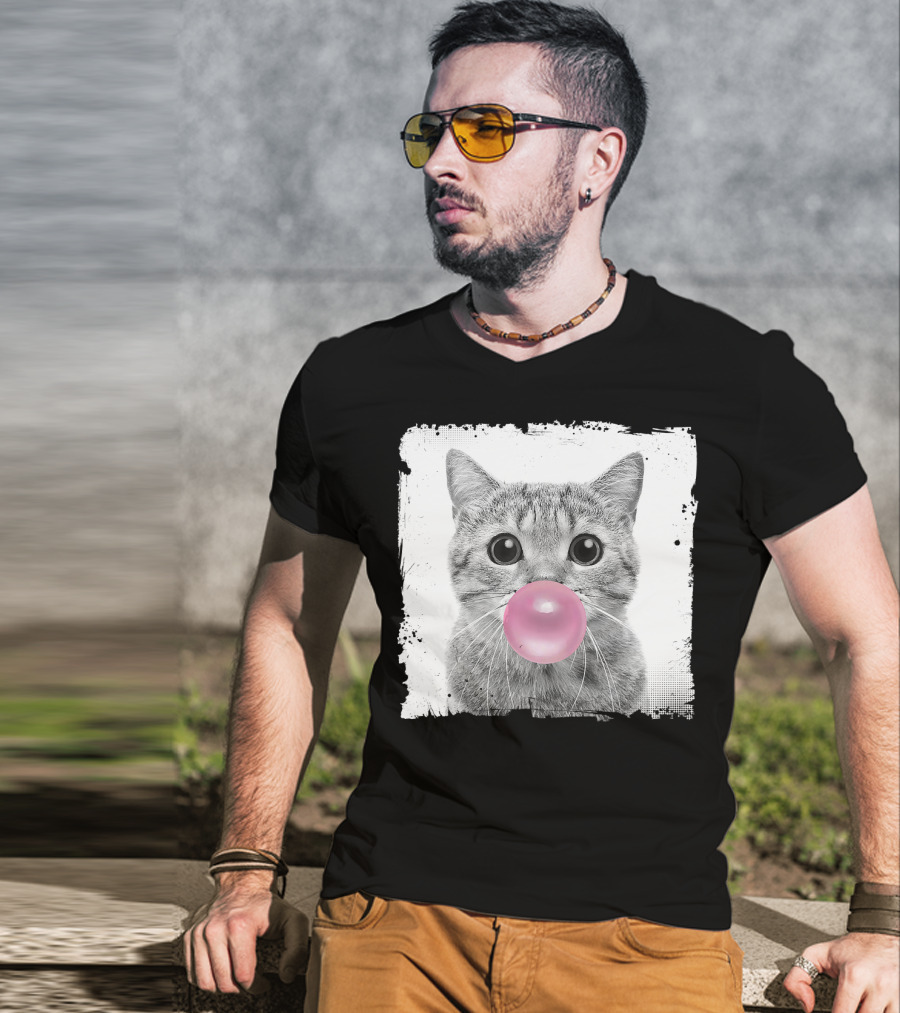 Cute Cat Blowing Pink Bubble Gum For Animal Lover Black And White Sketch T-Shirt