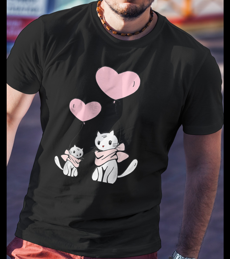 CUTE CATS Wearing Scarves Holding Pink Heart Balloons T-Shirt