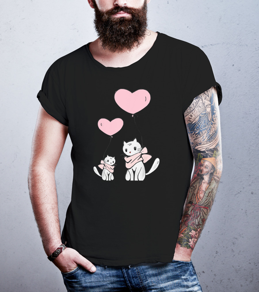 CUTE CATS Wearing Scarves Holding Pink Heart Balloons T-Shirt