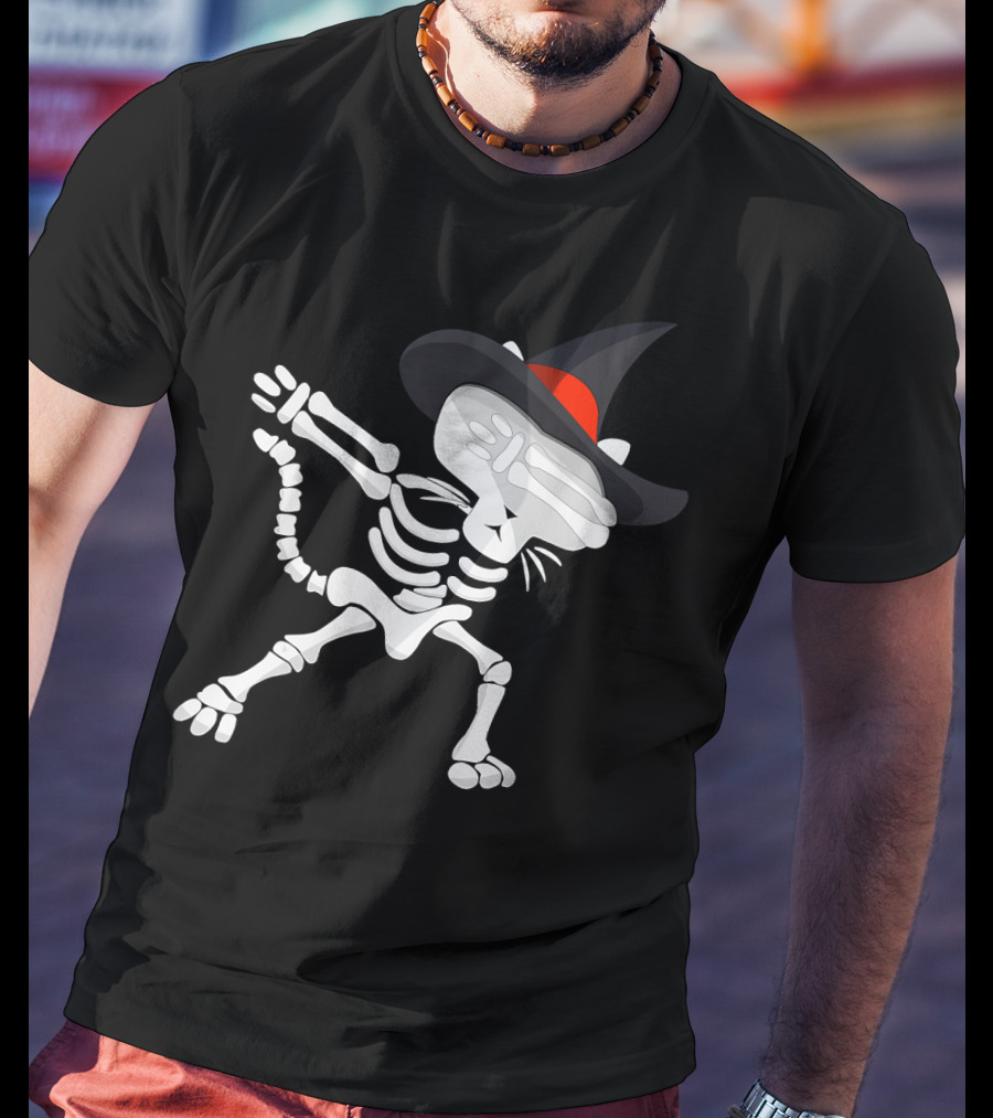Dabbing Cat Skeleton With Witch Hat T-Shirt