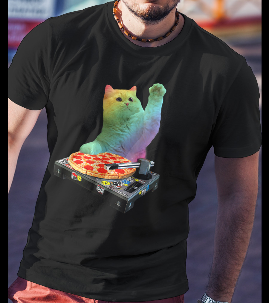 DJ Cat EDM Pizza Turntable Colorful Kitty Music Fun T-Shirt