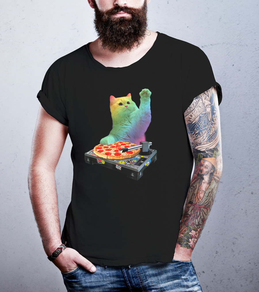 DJ Cat EDM Pizza Turntable Colorful Kitty Music Fun T-Shirt