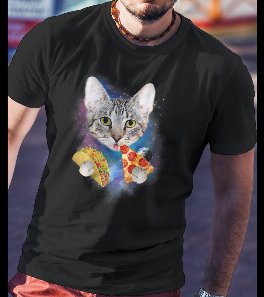 Funny Space Cat Eating Pizza And Taco In Galaxy T-Shirt
