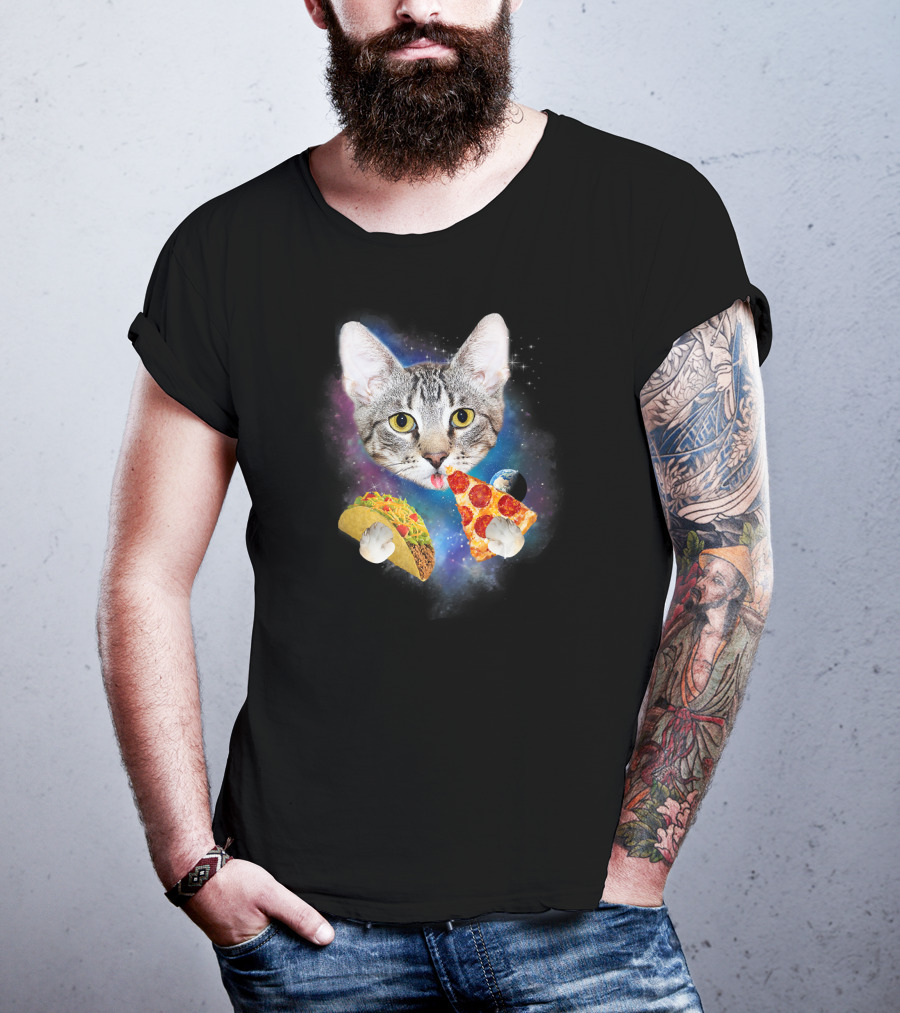 Funny Space Cat Eating Pizza And Taco In Galaxy T-Shirt