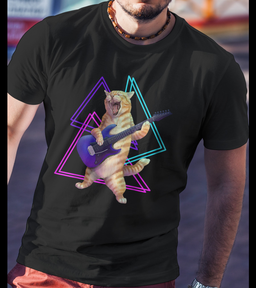 Guitar Cat Rock Kitty On Electric Guitar Neon Triangles T-Shirt
