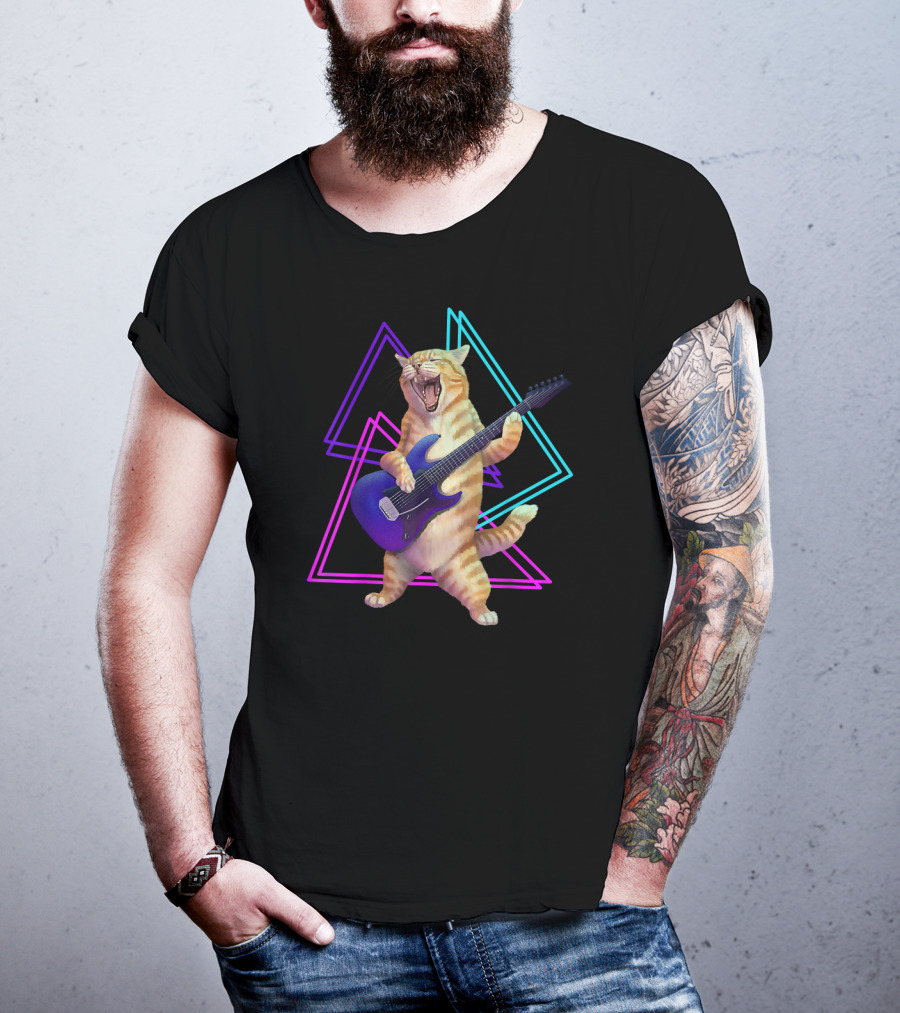 Guitar Cat Rock Kitty On Electric Guitar Neon Triangles T-Shirt