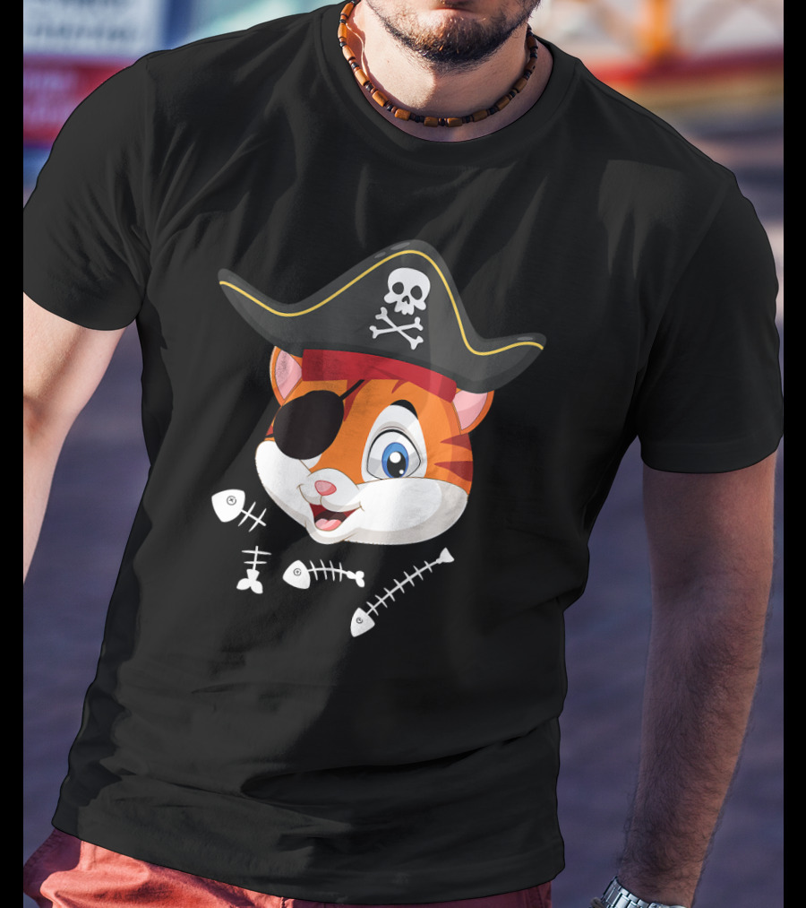 Halloween Pirate Cat With Eyepatch And Fish Bones T-Shirt