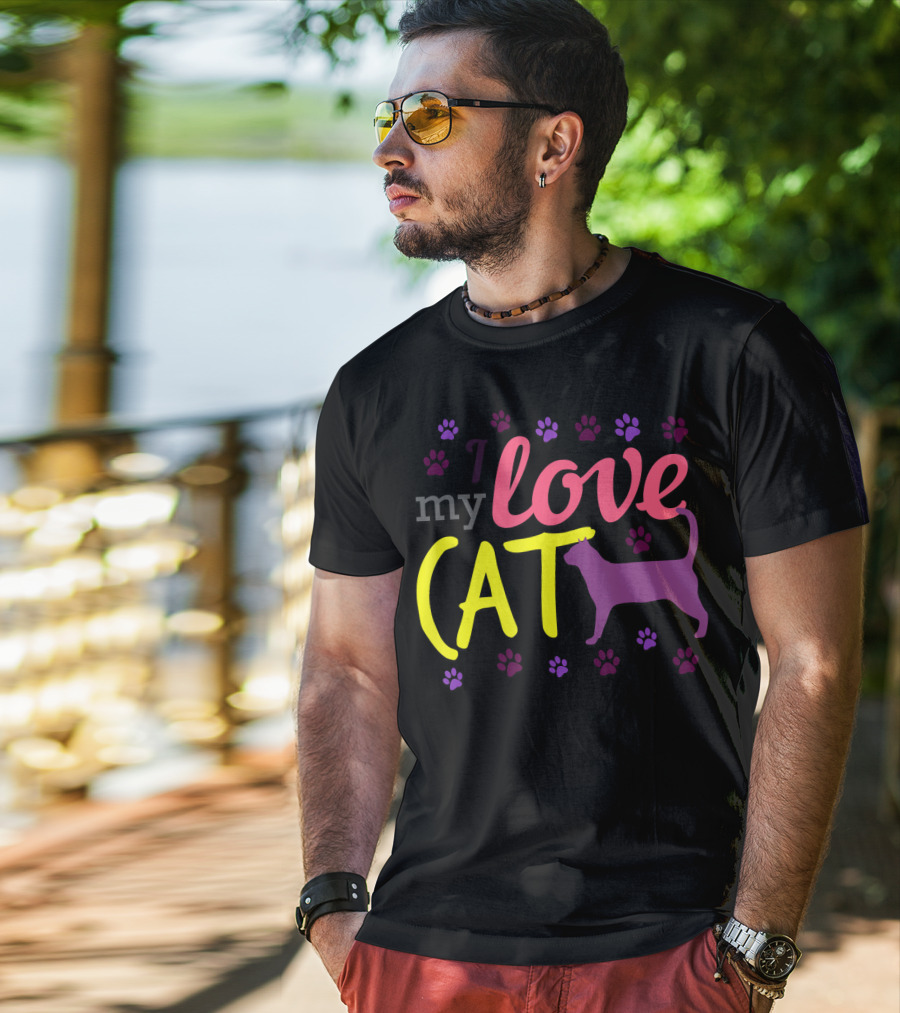 I Love My Cat Feline Owner Cute Pet Purple Paw Prints T-Shirt