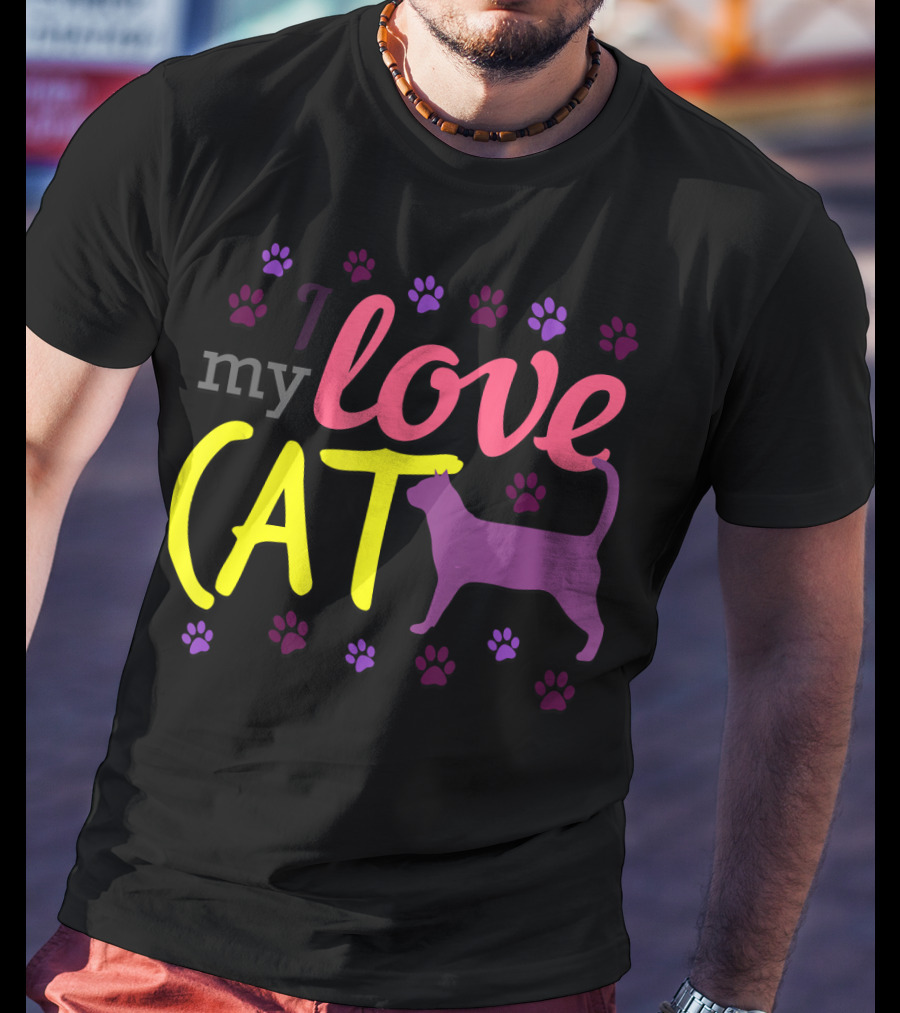 I Love My Cat Feline Owner Cute Pet Purple Paw Prints T-Shirt