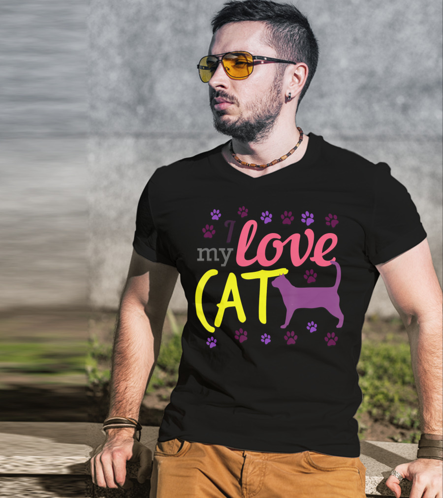 I Love My Cat Feline Owner Cute Pet Purple Paw Prints T-Shirt